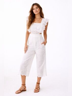 Vestique White Boho Cotton Eyelet Lace Cropped Jumper Size Small White Coastal